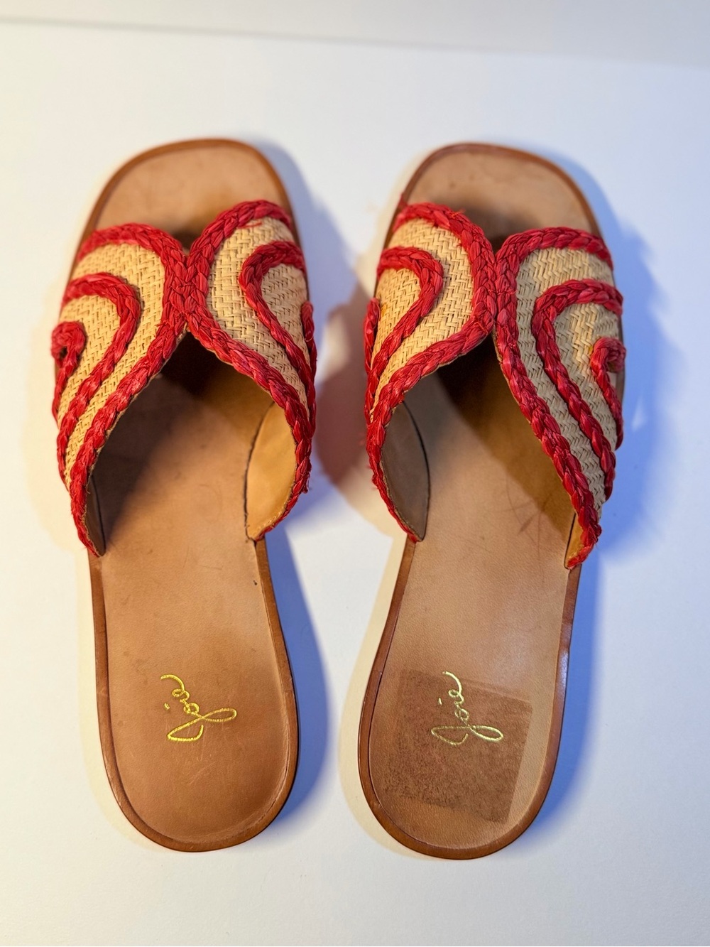 Joie Red & Nude Braided Straw Sandals Slide.